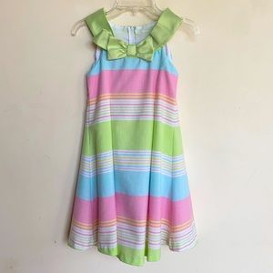 Bonnie Jean Girls 5/6 Satin Bow Neckline Zipped Pastel Striped Pleated Sundress